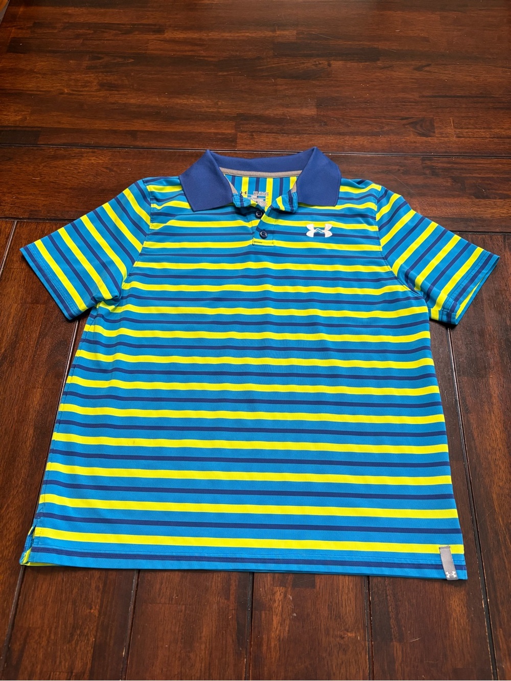Boys Under Armour Heat Gear blue and yellow striped polo shirt in YXL